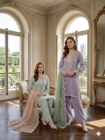 LS-3042  Ready to Wear |  Premium Linen Palzoo Suit | Embroidered Dress with Matching Dupatta