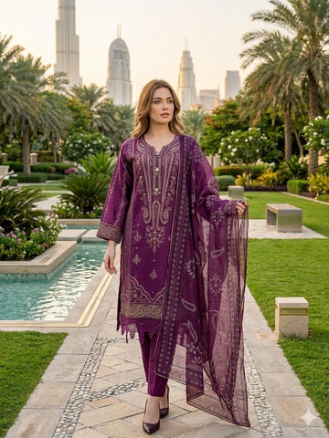 LS-3043  Premium Ready-to-Wear 3 Piece Viscose Suit |Sequins & Zari Embroidery|Trouser & Linen Slub Dupatta