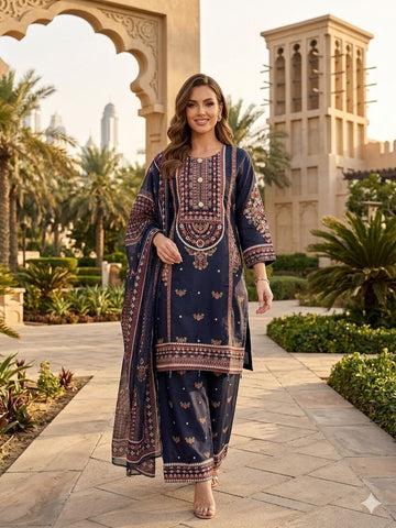 LS-3044 Sindhi Gajj Embroided Pakistani Viscose Suit |Sttement Wide-Leg Palazzo| Texured Linen Slab Dupatta