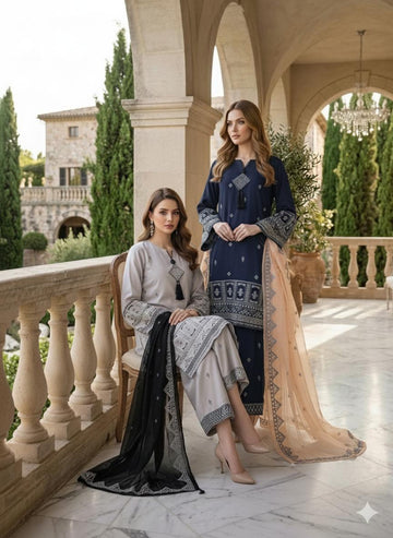LS-3045 Ready to Wear |  Premium Linen Palzoo Suit | Embroidered Dress with Contrast Dupatta