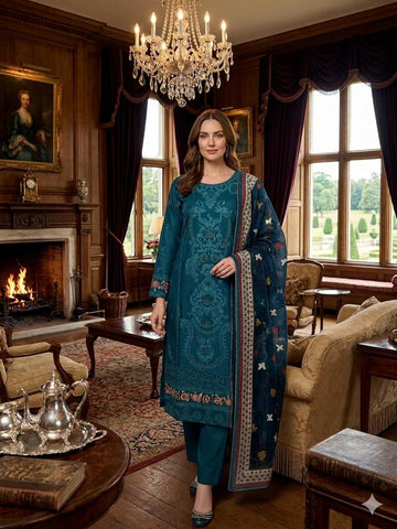 LS-3046  Premium Ready-to-Wear 3 Piece Viscose Suit |Sequins &3D Patches Embroidery|Trouser & Linen Slub Dupatta