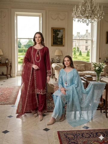 LS-3050  Ready to Wear |  Premium Linen Palzoo Suit | Embroidered Dress with Matching Dupatta
