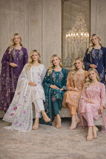 LS-3048  Premium Ready-to-Wear 3 Piece Viscose Suit |Sequins & Thread Embroidery|Trouser & Linen Slub Printed  Dupatta