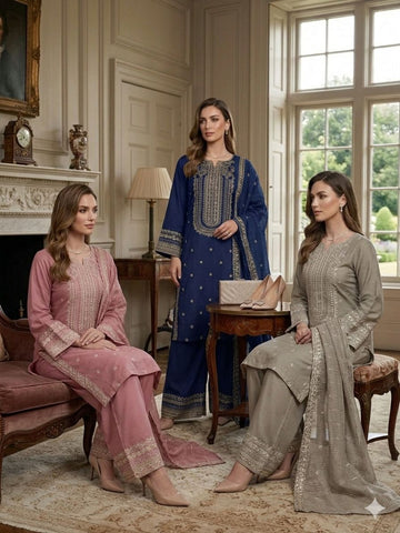 LS-3049 Ready to Wear |  Premium Linen Palzoo Suit | Embroidered Dress with Matching Dupatta