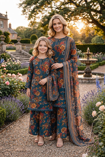 LS-3055 Mummy and Me Digtal Print Suit| Premium Lace Tunic & Statement Palazzo| Spring Summer Edition