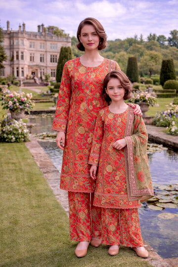 LS-3068 Mummy and Me Digtal Print Suit| Premium Lace Tunic & Statement Palazzo| Spring Summer Edition