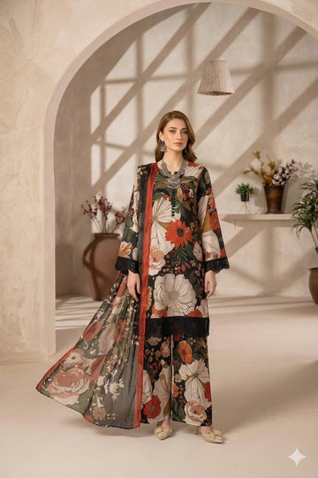 AYN- 3085 Designer Floral Farshi Shalwar 3 -piece Lawn Suit with printed Chiffon Dupatta