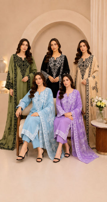 GZJ-3098 Premium Ready-to-Wear 3 Piece Viscose Suit | Thread Embroidery|Trouser & Linen Slub Printed  Dupatta