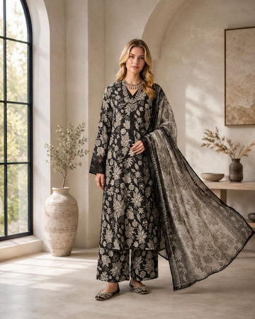 AYN-3077 Luxury Floral Printed Lawn Suit with Lace Detailing With Chiffon Dupatta