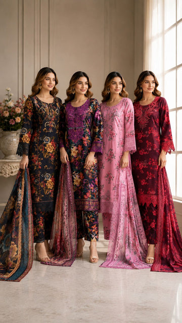 GJZ-3112 Ready to Wear |  Premium Linen 3-Piece  Embroidered Suit with Matching Dupatta