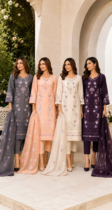 GJZ-3116  Premium Ready-to-Wear 3 Piece Cotton Suit |Sequins & Thread Embroidery|Trouser & Linen Slub Printed  Dupatta