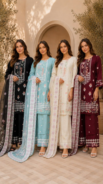GJZ-3119 Premium Ready-to-Wear 3 Piece Viscose Embroided Suit | Palazo Trouser & Matching Printed  Dupatta