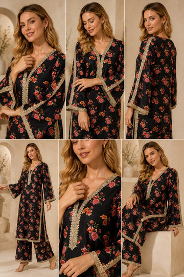 FBRS-1014  Premium Black Floral Printed Co-Ord Set With Hand Embellished Lace | Luxury Women's Wear