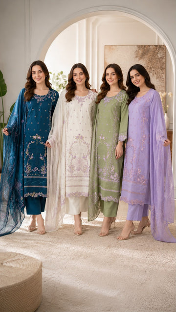 GJZ-3132 Premium Ready-to-Wear 3 Piece Cotton Suit |Sequins & Thread Embroidery|Trouser & Digital Printed  Dupatta