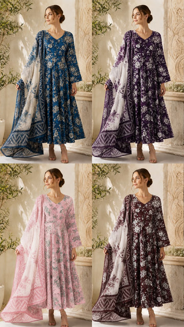 AYN-3135 Premium Ready-To-Wear 3 Piece Long Floral Printed Dress|Trouser & Matching Dupatta