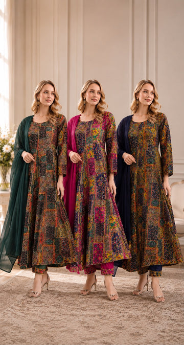 LS-3136 Signature Digital Ajrakh Anarkali with Sequins Embroidery| Matching Trouser & Dupatta