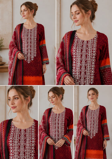 AYN-3137 Ready to Wear 3 Piece Embroided Suit With Matching Trouser & Chiffon Dupatta