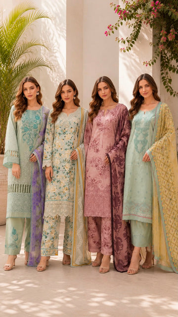 AYN-3139  Luxury Floral Printed Lawn Suit with Lace Detailing With Matching Dupatta