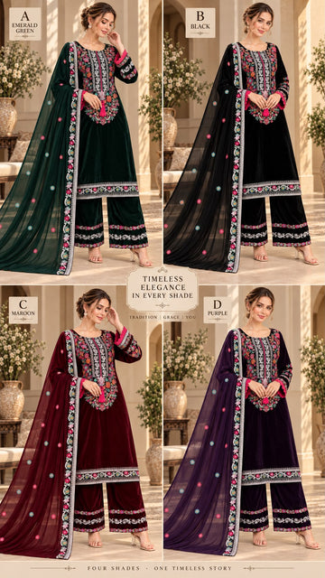KHD-3164 Premium Embroidered Velvet 3pc Suit | Matching Pants & Dupatta