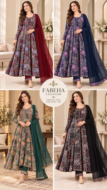 KHD-3165 Signature Digital Ajrakh Anarkali with Sequins Embroidery| Matching Trouser & Dupatta