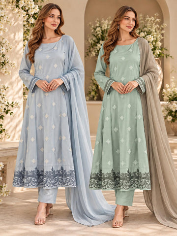 SHL-3169 Women's 3 Piece Embroided Linen Anarkali Dress | Matching Trouser and Dupatta