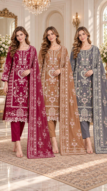 GJZ-3170 Ready-Made 3pc Viscose Suit | Thread & Sequin Embroidery with Matching Trouser  Printed Dupatta |Fabeha Fashions