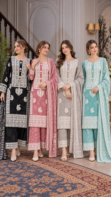 RNZ-3176 Three-Piece Embroidered Viscose Suit With Palazzo & Dupatta - 4 Colors