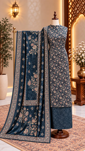 FBUNS-13 Unstitched 3-Piece Digital Print Micro-Velvet Suit | Winter Collection