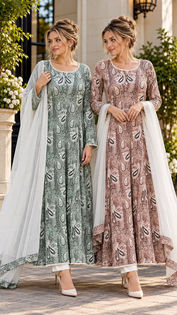 KHD-3183  Premium Ready-to-Wear 3 Piece Linen Long Printed Dress |Trouser & Matching Dupatta