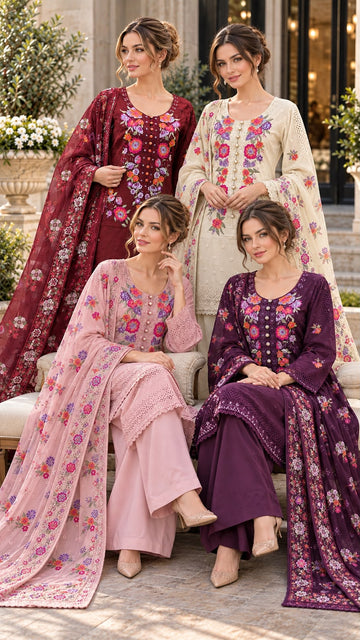 KHD-3182 Ready-to-Wear 3-Piece Viscose Embroidered Suit with palazzo & Printed Dupatta |Fabeha Fashions