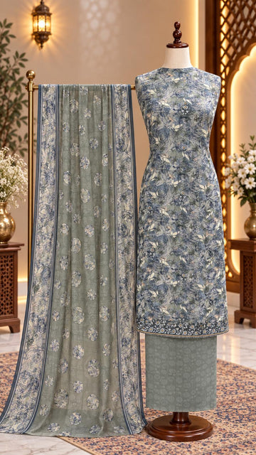 FBUNS-15 Fabeha Premium Shamooz Silk Unstitch  | Embroidered | Digital Print Suit with Chiffon Dupatta