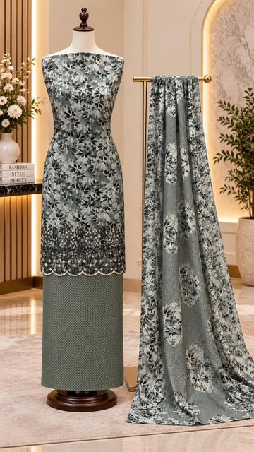 FBUNS-17  Fabeha Premium Shamooz Silk Unstitch  | Embroidered | Digital Print Suit with Chiffon Dupatta