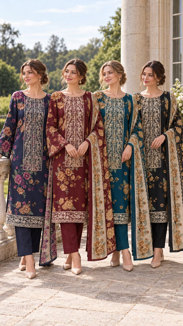 KHD-3186. Heavy-Weight Dhanak | 3-Piece Embroidered Suit with Matching Dhanak Shawl | Fabeha Fashions