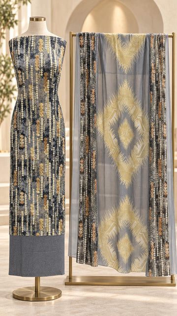 FBUNS-22 Fabeha Premium Shamooz Silk Unstitch  | Stone Embroidered | Digital Print Suit with Chiffon Dupatta