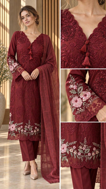 GJZ-3190  Premium Ready-to-Wear 3 Piece Viscose Suit |Sequins& Thread Embroided|Trouser & Printed  Dupatta