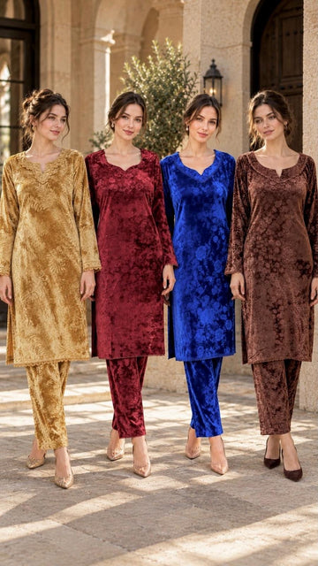 MOZ-3192 Premium Embossed Velvet 2 Piece Co-Ord Set For Women
