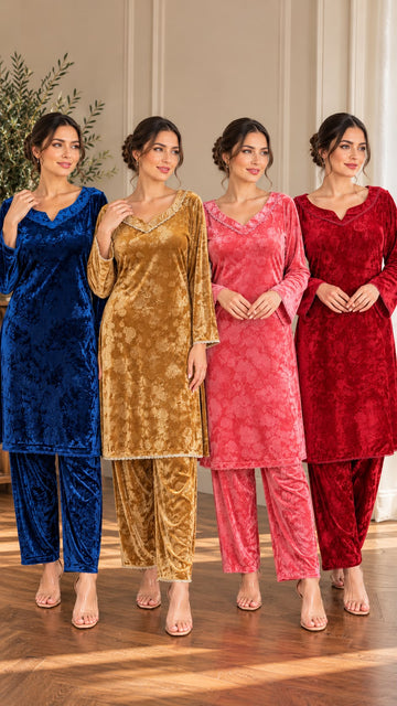 MOZ-3196 Premium Embossed Velvet 2 Piece Co-Ord Set For Women