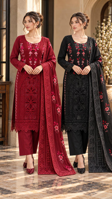 GJZ-3197  Ready-to-Wear 3-Piece Dhanak Embroidered Suit with Trouser & Printed Shawl |Fabeha Fashions