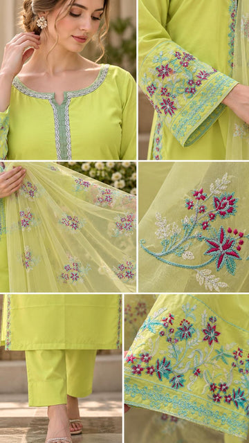SHL-3200 Embroided Linen 3-Piece Suigt-Plain Trouser & Organza Dupatta