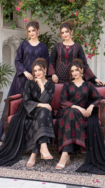 RNZ-3201 Three Piece Printed Dhanak Long Kaftan Suit| Elegant Winter Wear