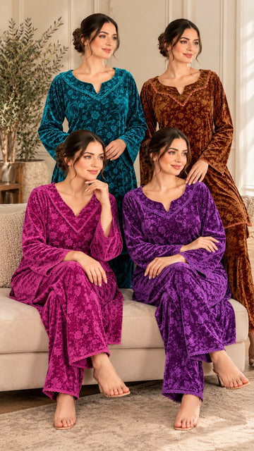 MOZ-3202  Premium Embossed Velvet 2 Piece Co-Ord Set For Women