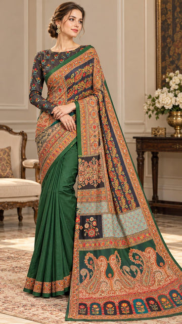 FBSR-757 One Minute Saree(Ready-to Wear) With Multi-Panel Paisely Patchwork Printed Munga Silk Saree| Wiyh Matching Blouse