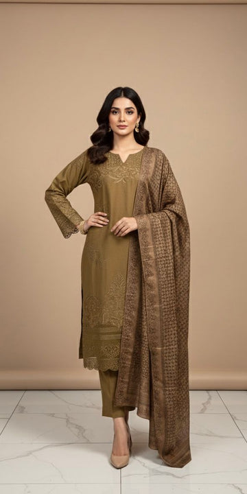 LS-2973  Ready to Wear | Premium Winter Premium Dhanak Suit | Embroidered Dress with Print Shawl