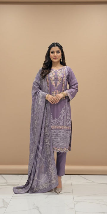 LS-2974 Ready to Wear | Premium Winter Premium Dhanak Suit | Embroidered Dress with Print Shawl