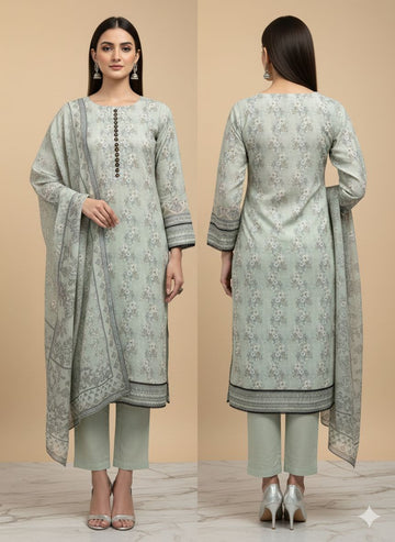 LS-2976 Ash Green | 3-Piece Ready-to-Wear |Winter Dhanak Suit | Digital Print & Shawl