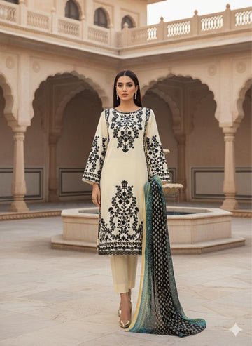 LS-2965 Premium Ready-to-Wear 3 Piece Dhanak Suit |Resham Embroidery & Hand Touching Beads|Trouser & Matching Shawl
