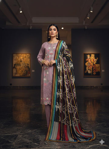 LS-2946 Ready to Wear | Winter Premium Dhanak Suit | Embroidered Dress with Retro Striped Shawl