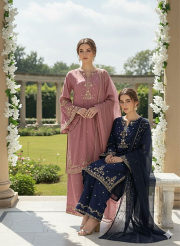 LS-3005  Ready to Wear |  Premium Linen Palzoo Suit | Embroidered Dress with Matching Dupatta