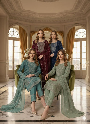 LS-3003 Premium Ready-to-Wear 3 Piece Chiffon Suit |Zari & Stone Embroidery|Trousers & Matching Dupatta