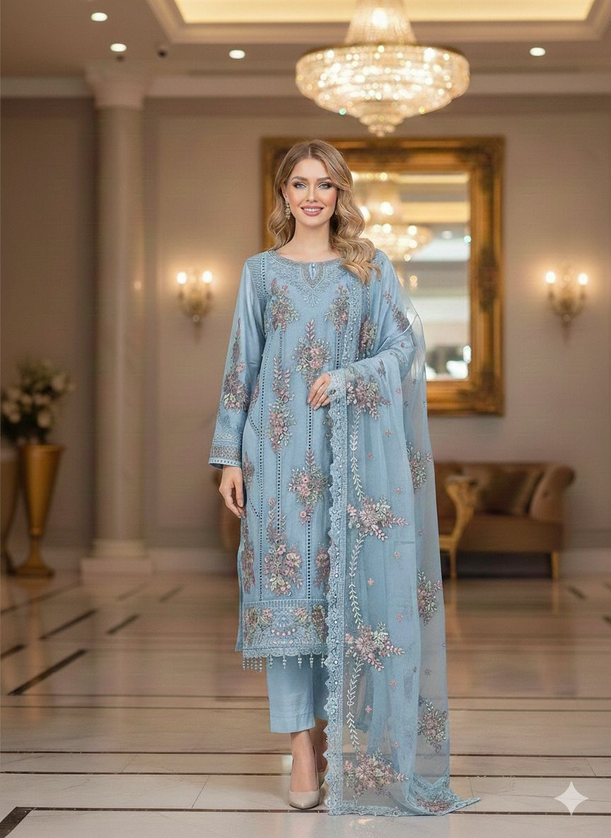 LS-3011 Premium Ready-to-Wear 3 Piece Chiffon Suit |Thread & Sequins E